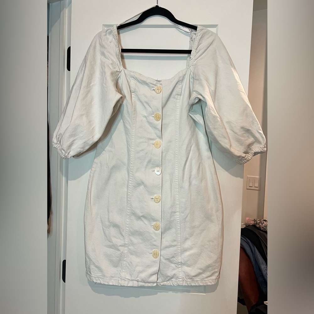 Primark White Denim Puff Sleeve Button Up Dress